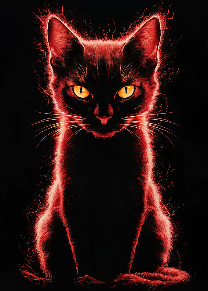Red Glowing Cat Portrait on Black