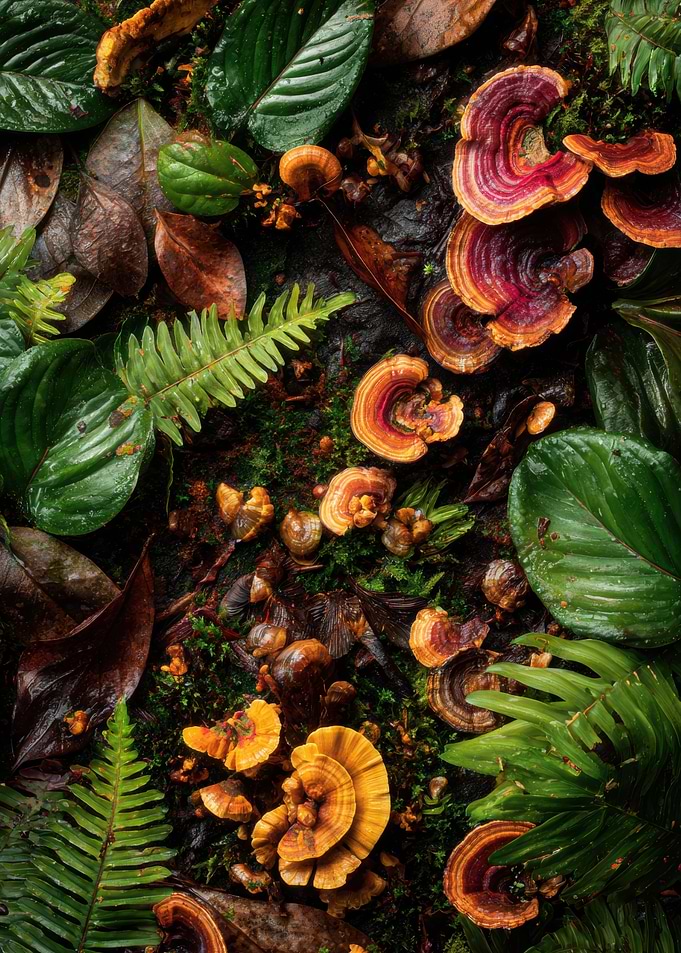 Forest Floor with Mushrooms and Leaves