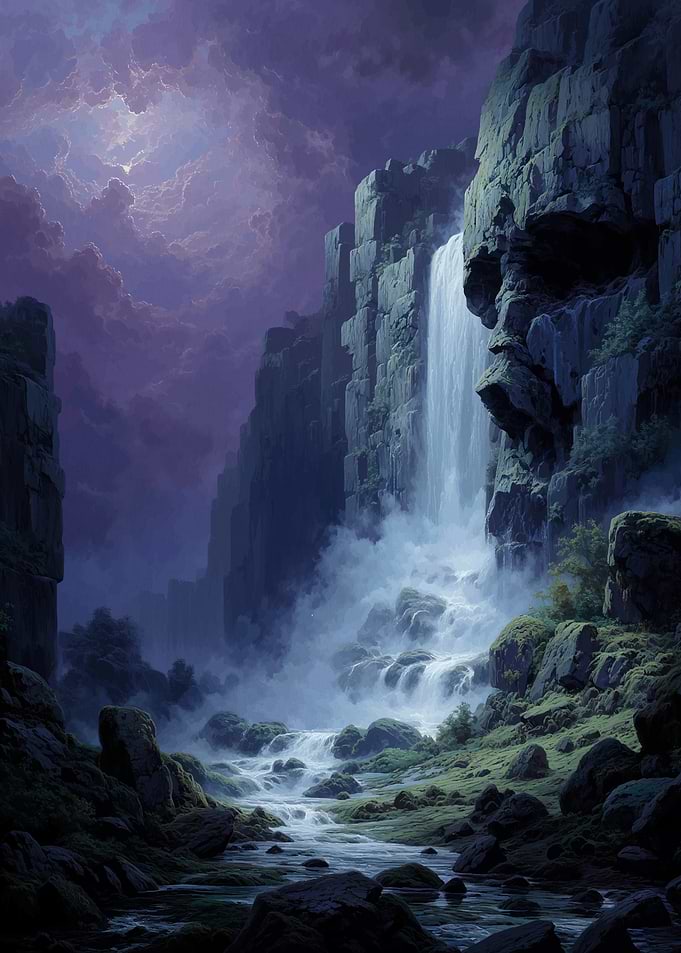 Mystical Waterfall Landscape at Night