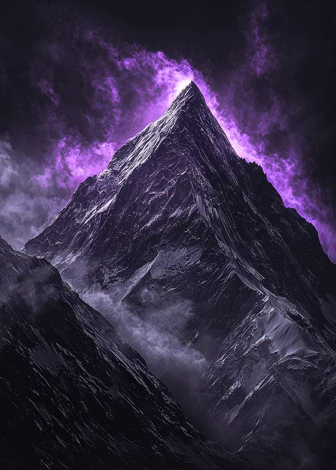Mystical Mountain Peak with Purple Cosmic Aura Under Dark Sky