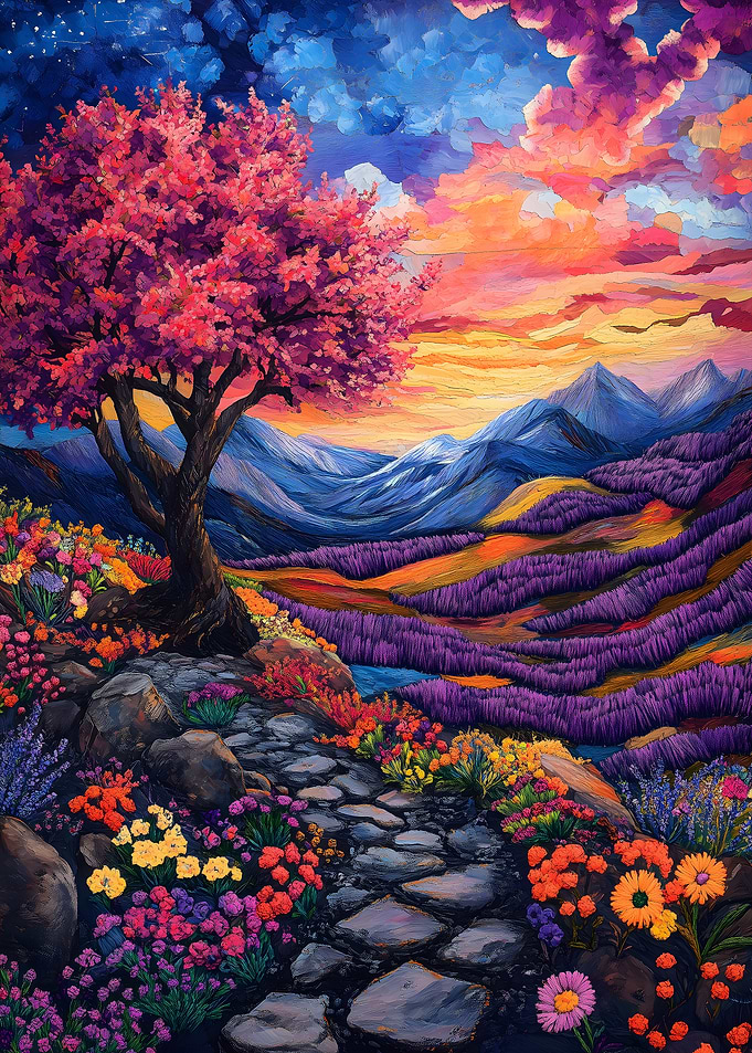 Vibrant Landscape Painting with Floral Path