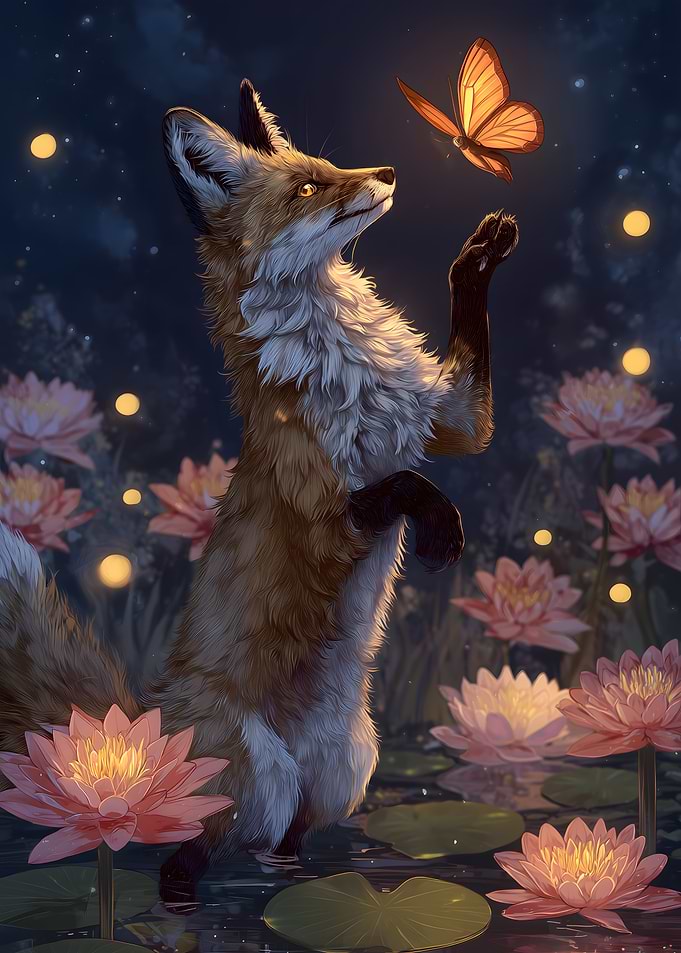 Fox and Butterfly in Lily Pond
