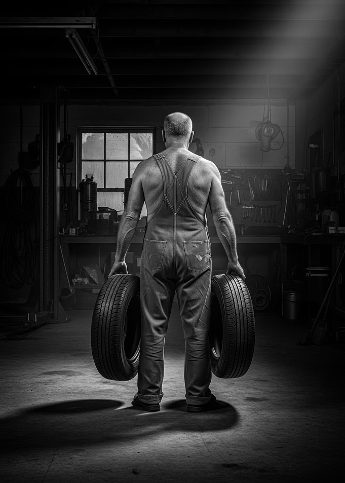 Mechanic Carrying Tires in Workshop