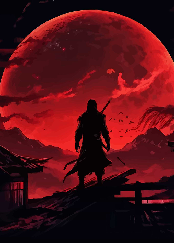Silhouette of Warrior Under Red Moon