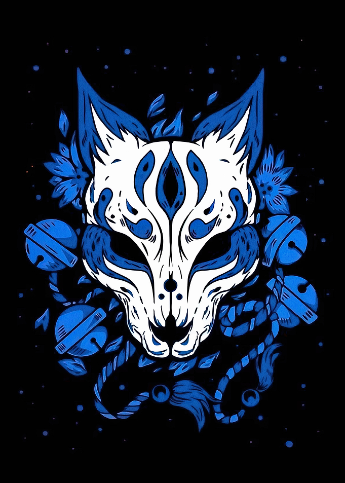 Blue and White Kitsune Mask Illustration