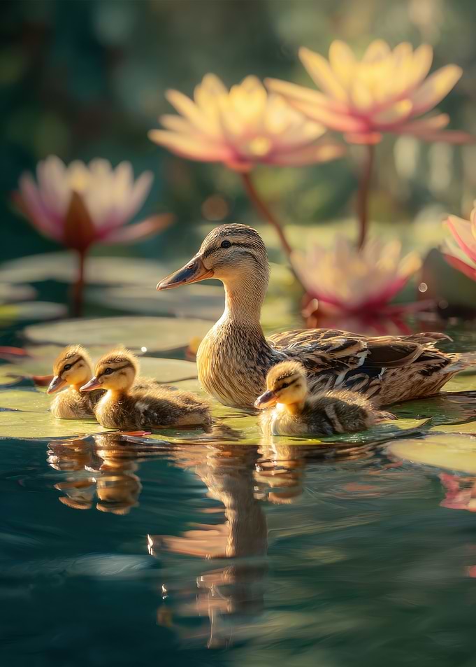 Duck and Ducklings in Lily Pond