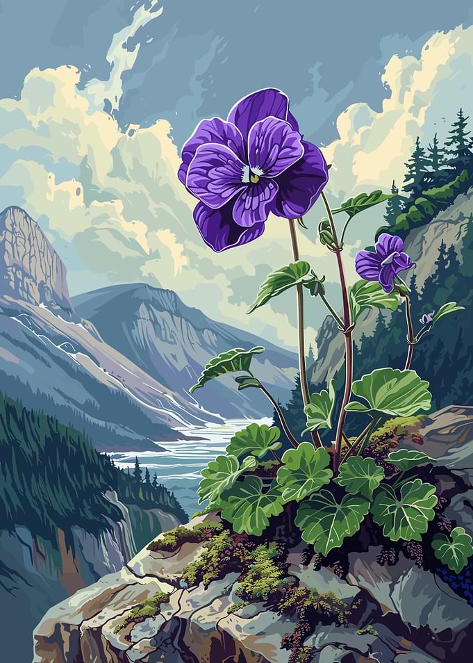 Purple Flower Mountain Landscape Illustration