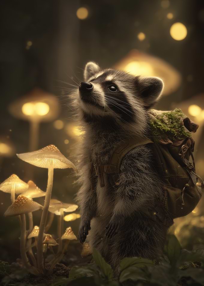 Raccoon with Backpack in Mushroom Forest
