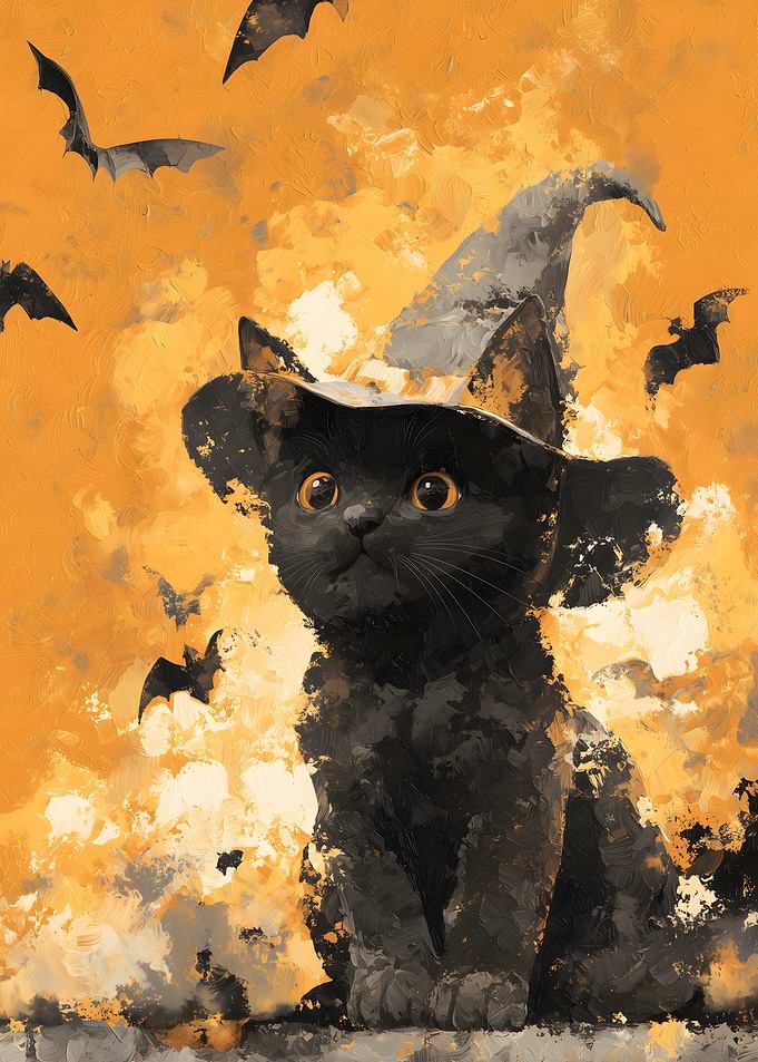 Black Cat Witch Halloween Painting