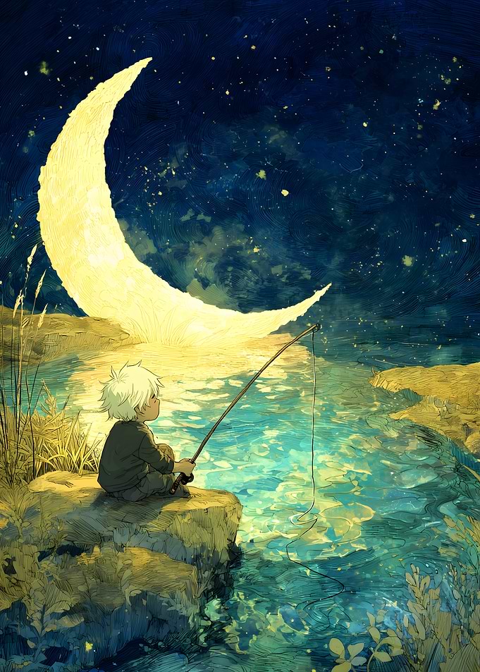 Boy Fishing Under Crescent Moon
