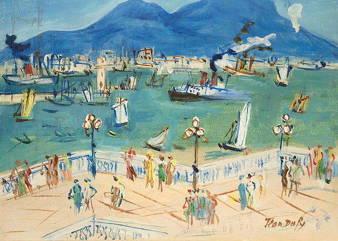 Harbor Scene Painting with Mountains
