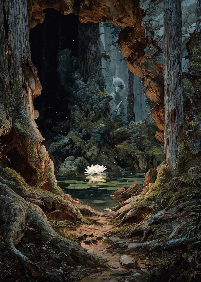 Mystical Forest Pond with White Lily