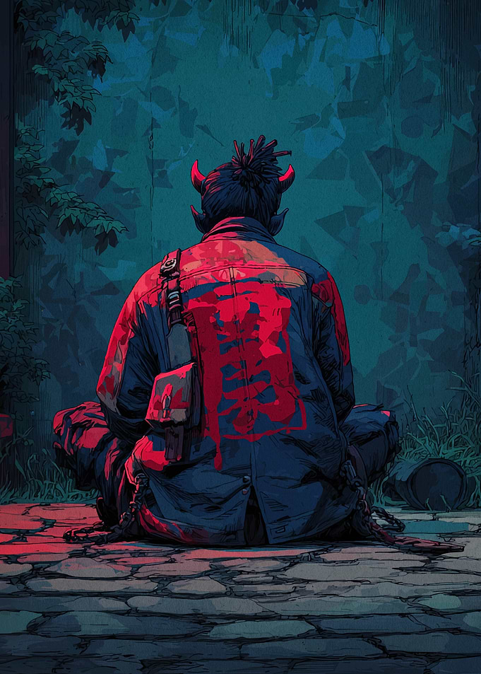 Demon Back View in Meditative Pose