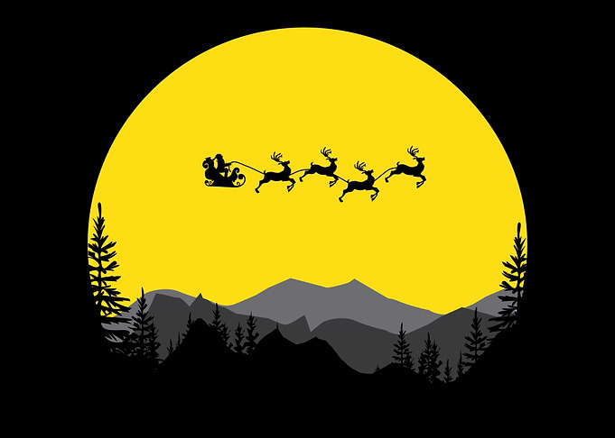 Santa's Sleigh Silhouette over Mountain Landscape
