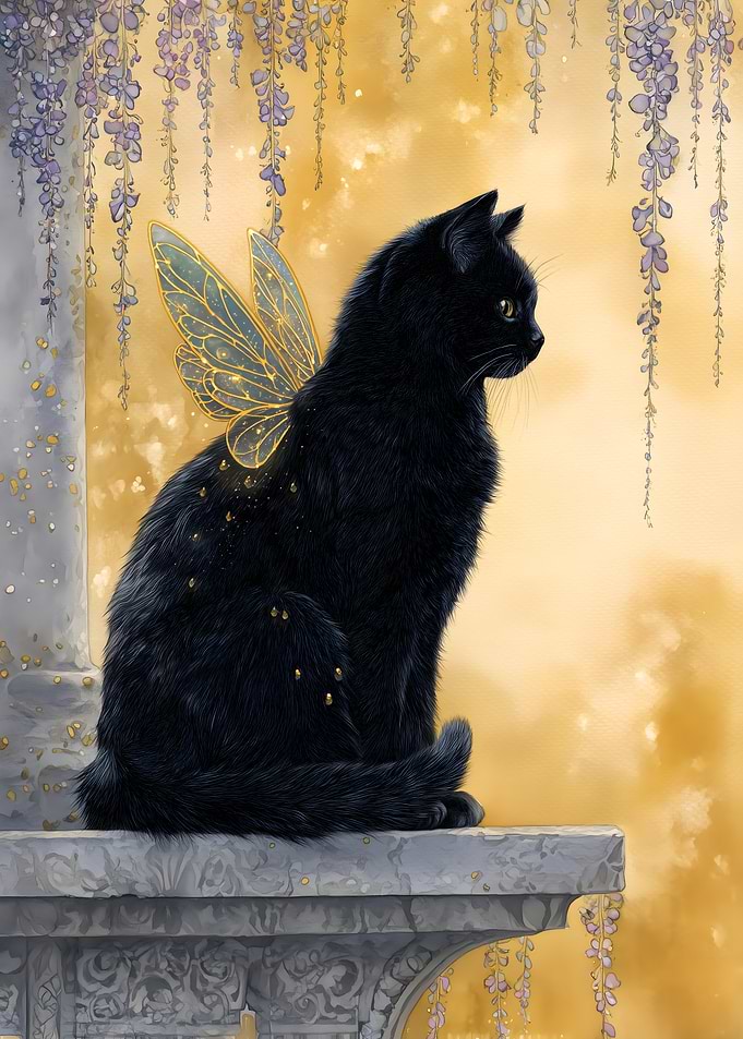 Black Cat Fairy with Golden Wings