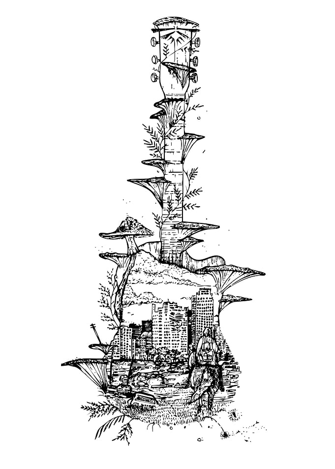 Guitar Landscape Black and White Drawing