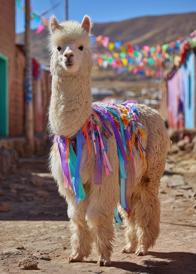 Decorated Alpaca in a Colorful Village