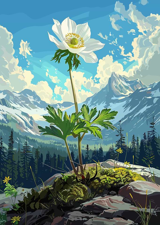 White Flower in Mountain Landscape