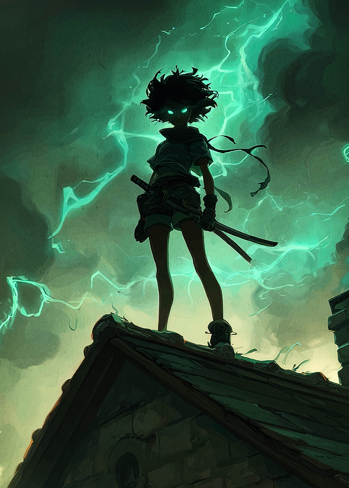 Anime Girl with Swords on Rooftop