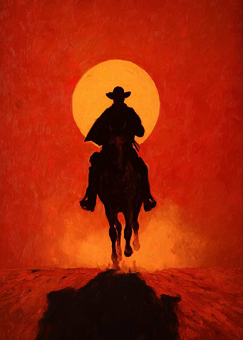 Cowboy Silhouette Riding into the Sunset
