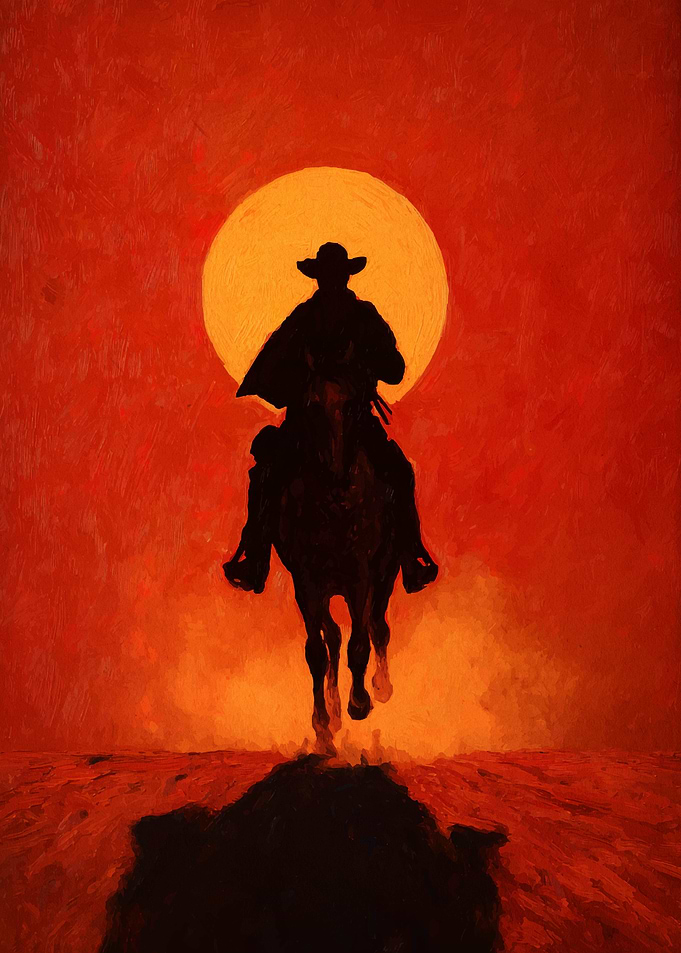 Cowboy Silhouette Riding into the Sunset