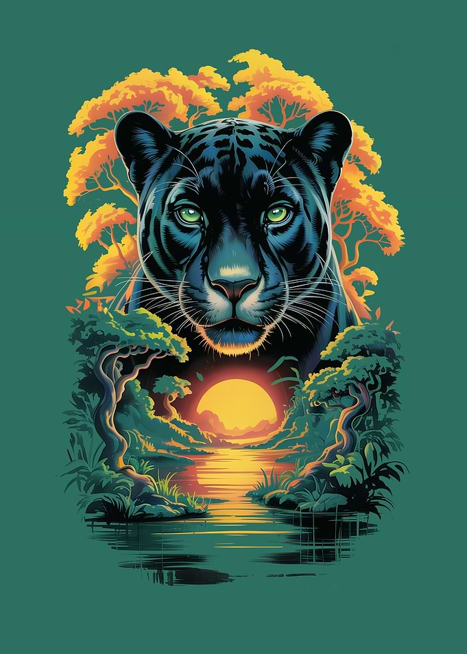 Black Panther in Jungle Sunset