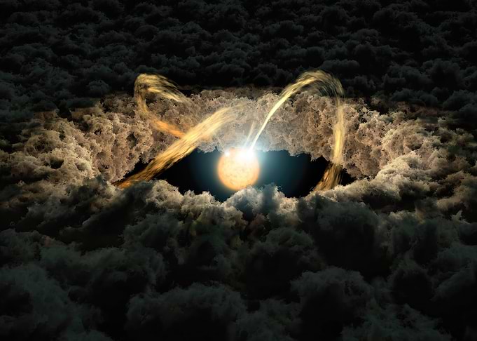 Star with Energy Streams in Nebula