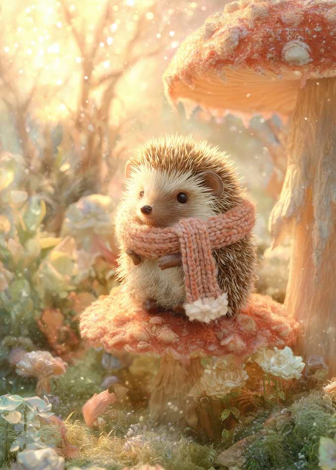Hedgehog with Scarf on Mushroom