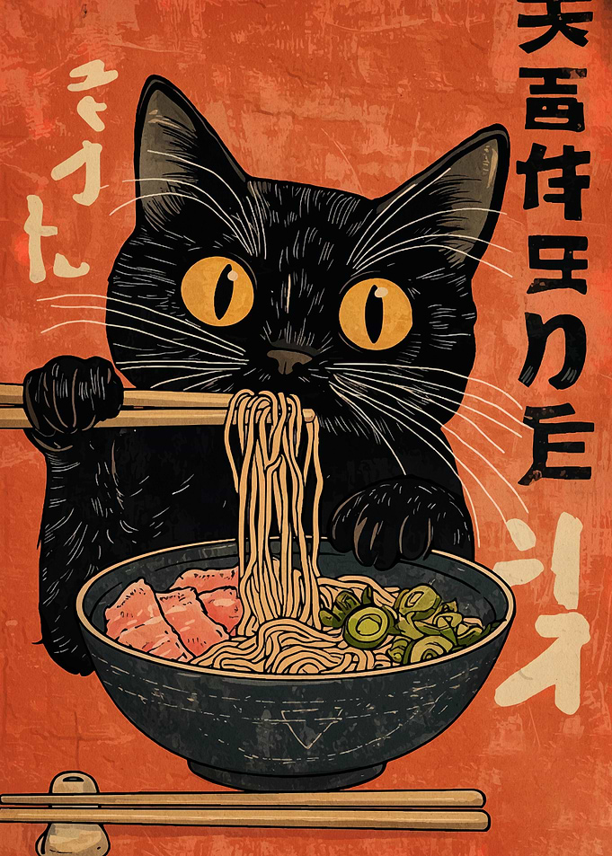 Black Cat Eating Ramen Poster
