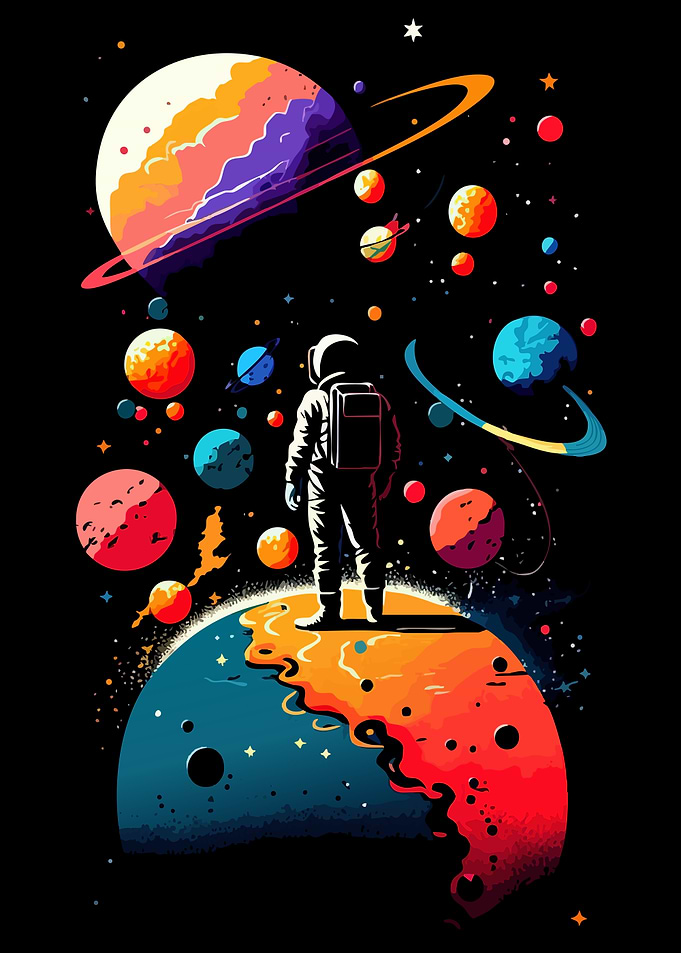 Astronaut in Space with Colorful Planets
