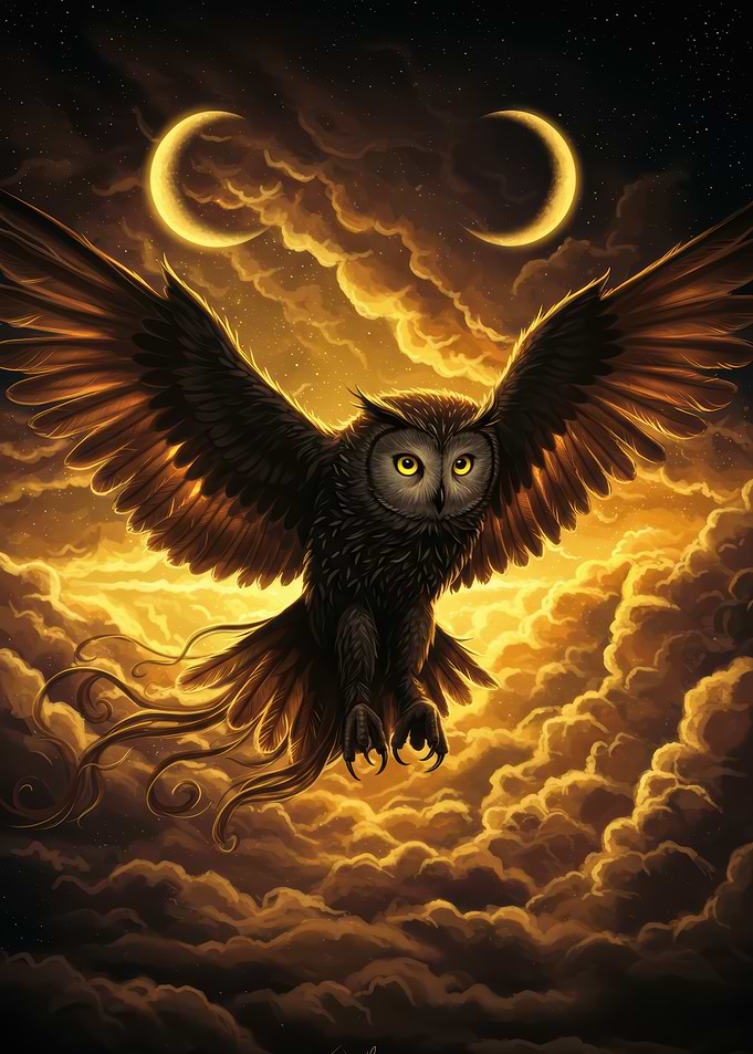Owl in Flight with Crescent Moons