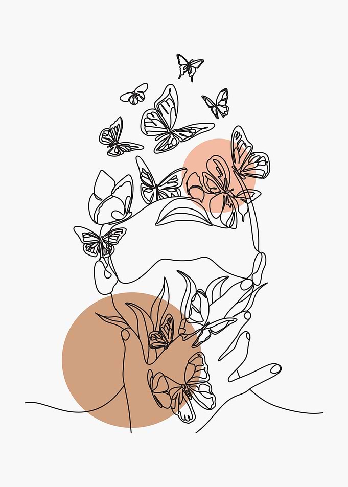 Abstract Face with Butterflies Line Art
