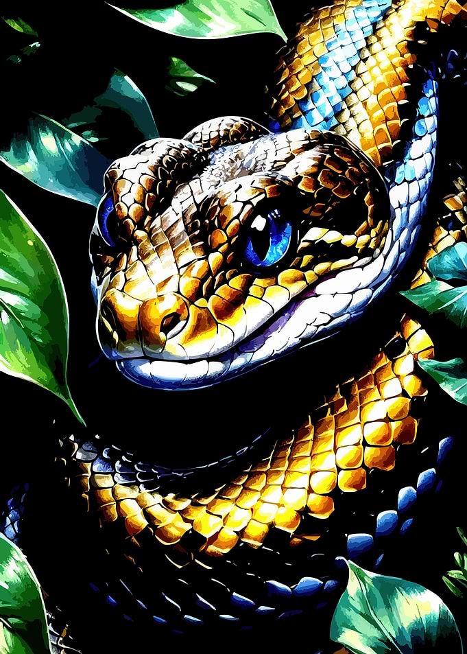 Detailed Snake Portrait with Lush Foliage