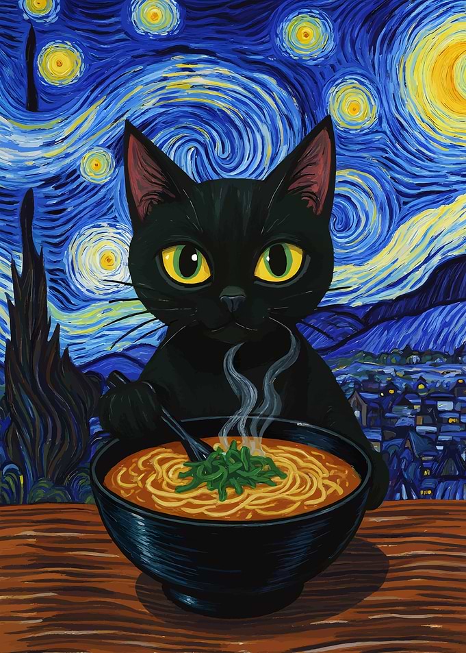 Black Cat Ramen Starry Night Painting