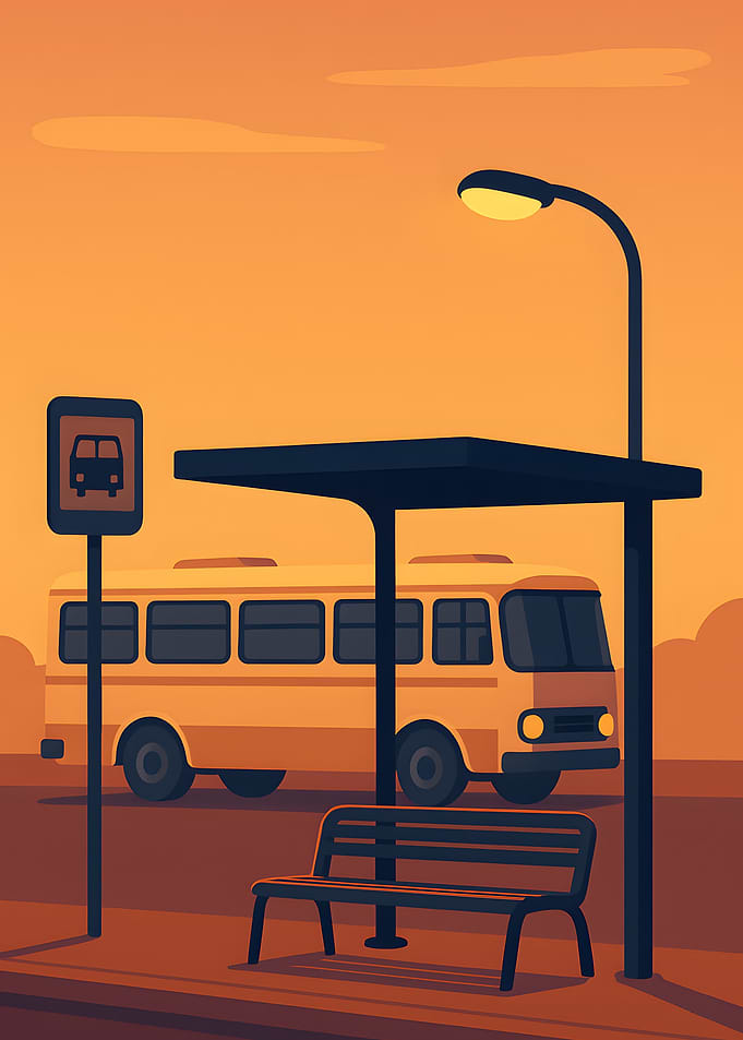 Bus Stop Illustration at Sunset