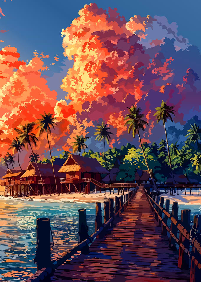 Tropical Island Sunset with Wooden Pier