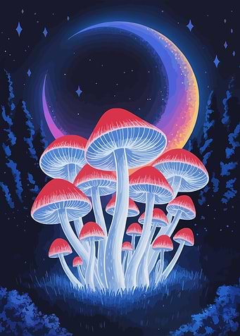 Glowing Mushrooms Under Crescent Moon