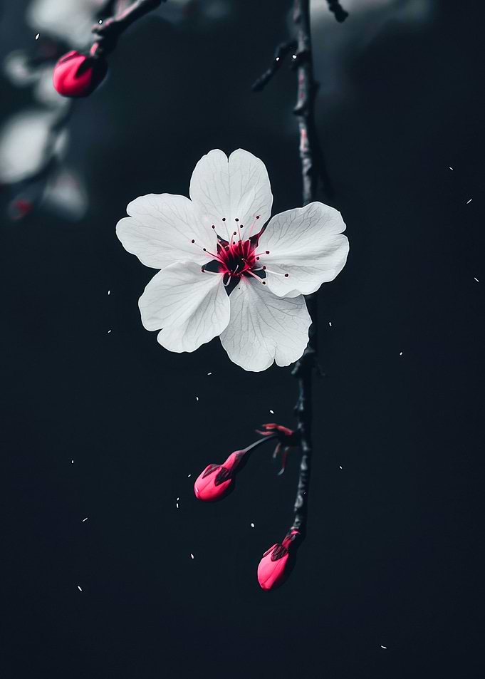Nocturnal Sakura: White Cherry Blossom with Pink Buds