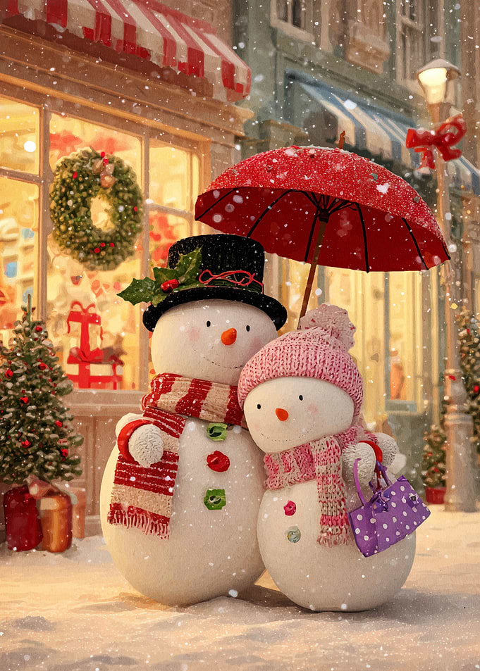 Snowman Couple in Winter Scene