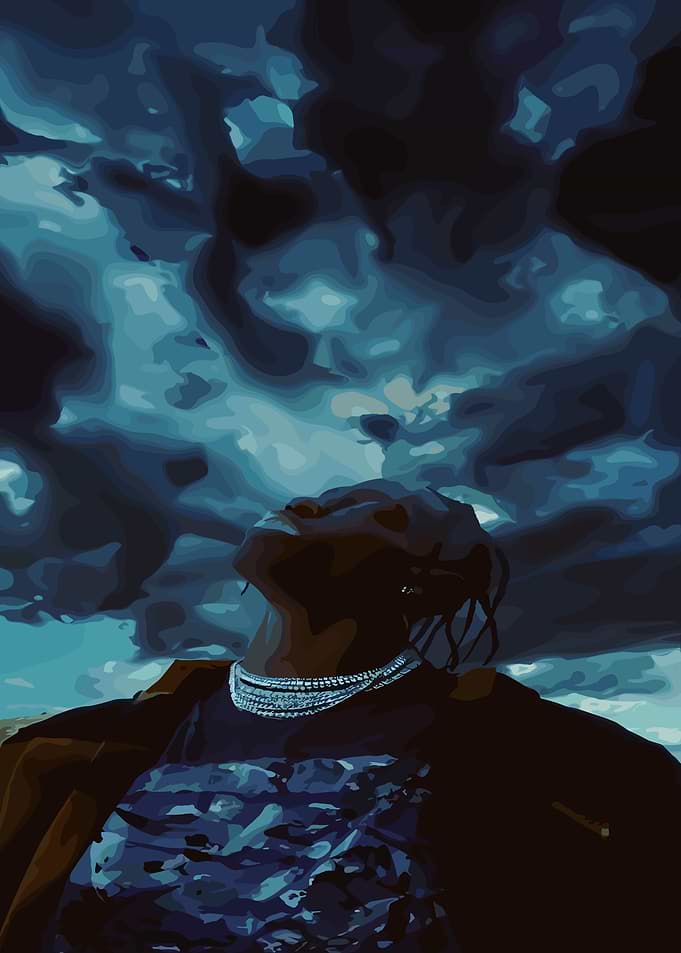 Travis Scott looking up at clouds