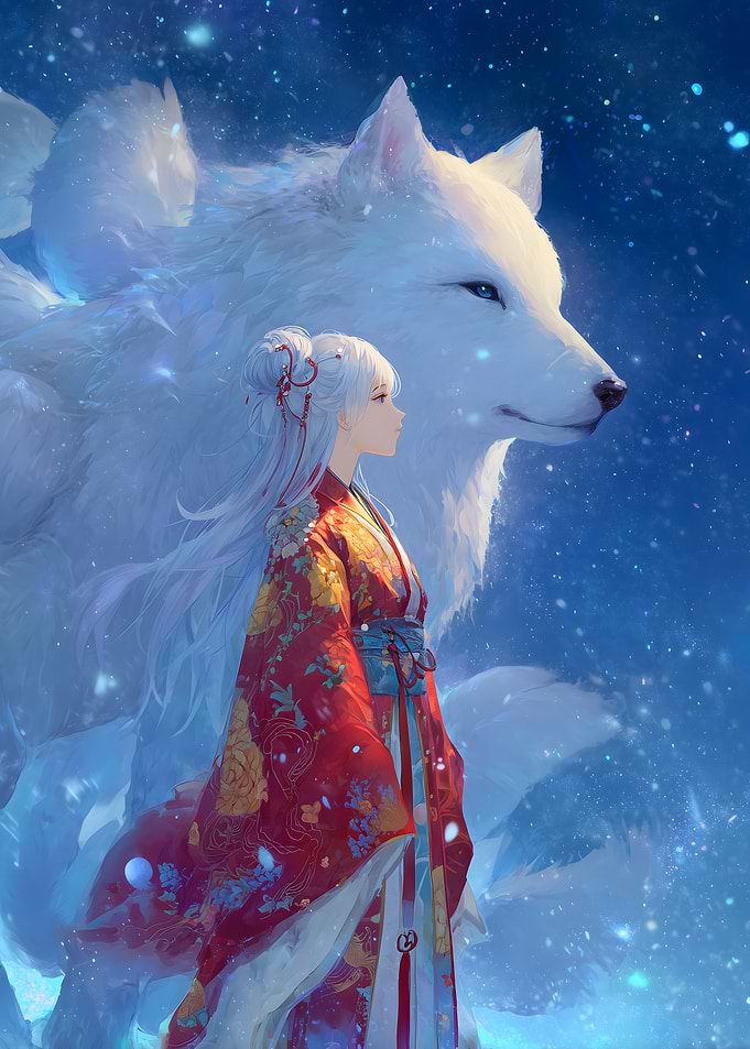 Anime Girl with White Fox Spirit