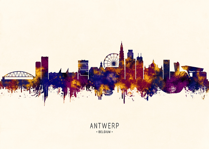 Antwerp Belgium Skyline Watercolor Art
