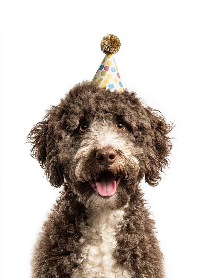 Lagotto Romagnolo Dog with Party Hat Portrait