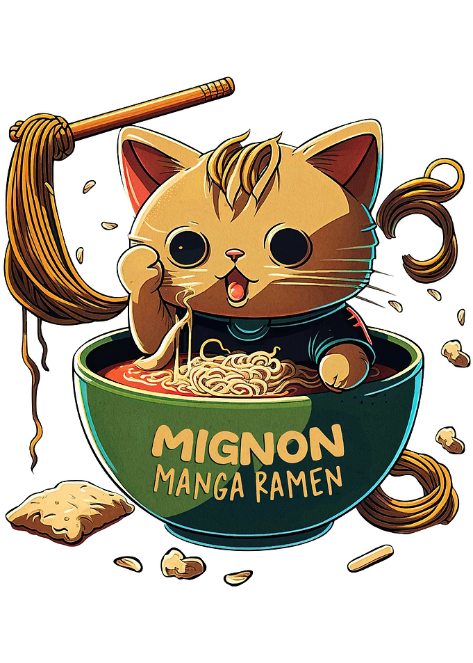Cute Cat Eating Ramen Illustration