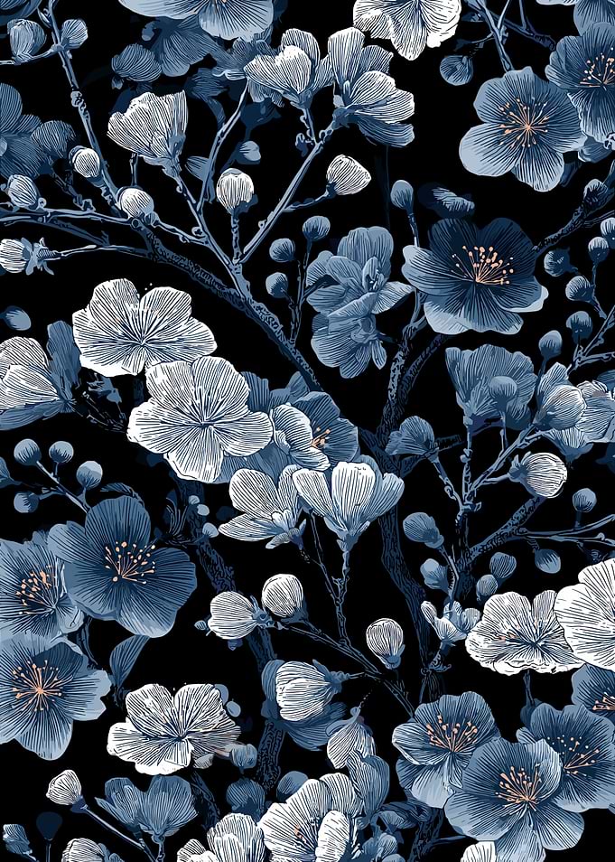 Blue and White Floral Pattern on Black