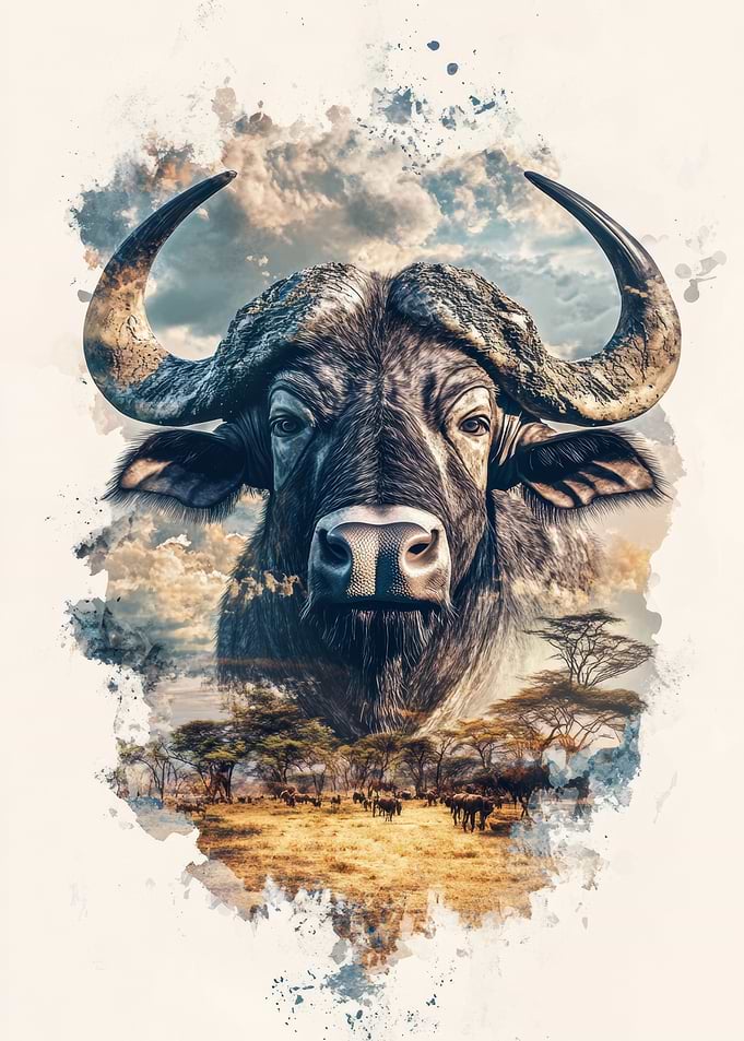 African Buffalo Watercolor Portrait