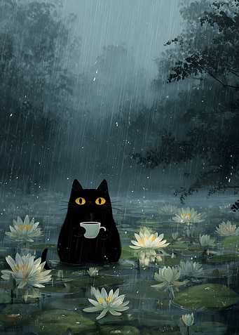 Black Cat Drinking Coffee in Rain
