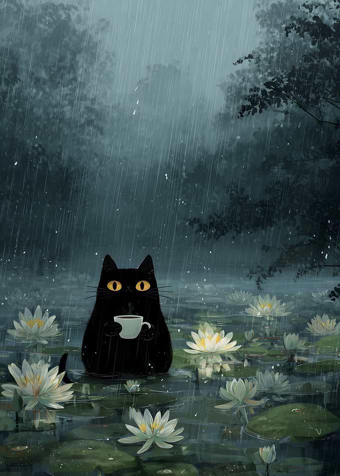 Black Cat Drinking Coffee in Rain