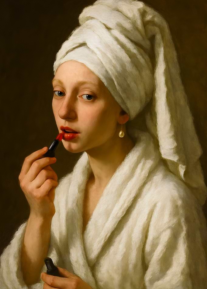 Girl with a Lipstick, Towel, and Bathrobe