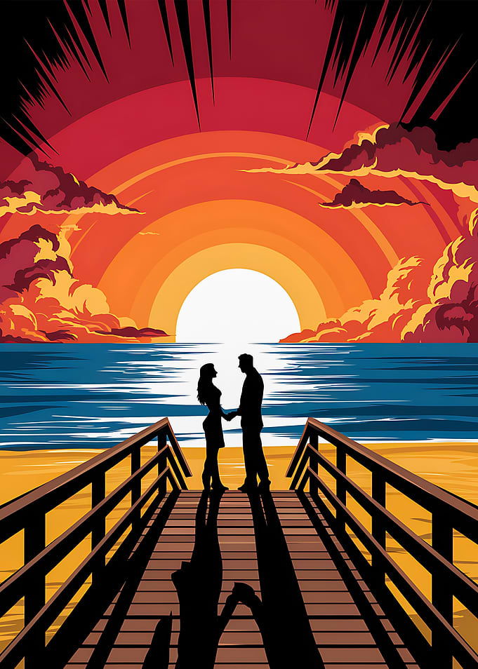 Couple Silhouette at Sunset on Pier
